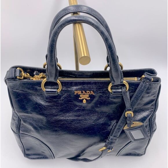 Prada Navy Blue Vitello Shine Medium 2way Shopping Tote Bag Preloved Purse - Picture 4 of 16